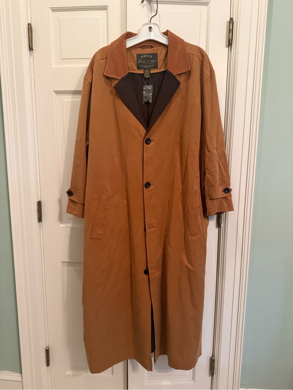 Orvis Men's Trench Coat in Camel with Dark Brown Lining